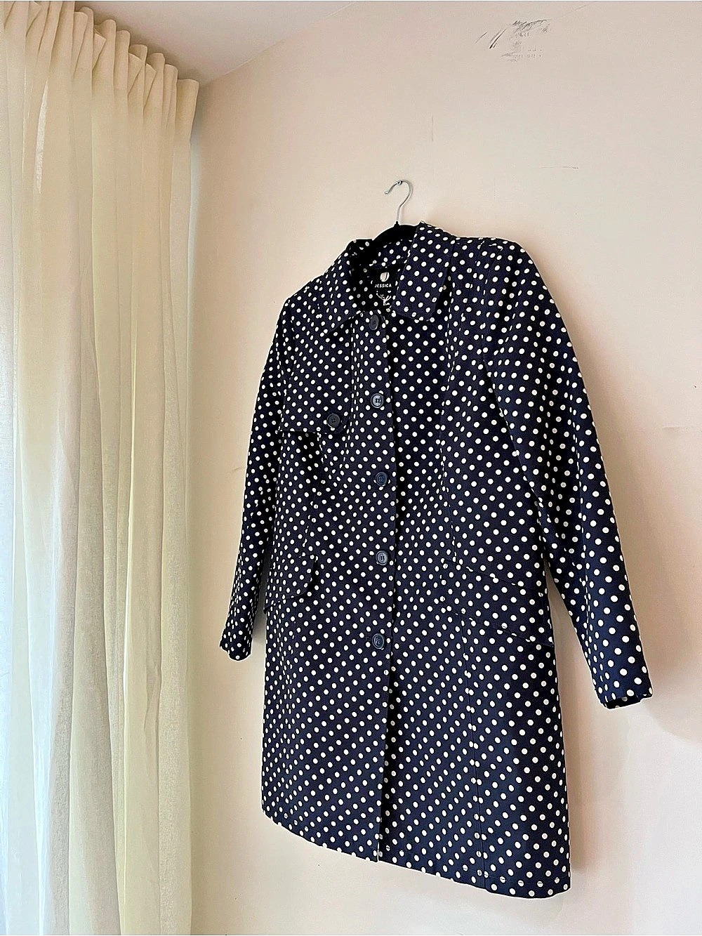 Vintage Jessica Polka Dot Trench in Navy & White - Like New